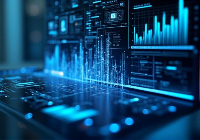 Futuristic digital dashboard display with glowing data points