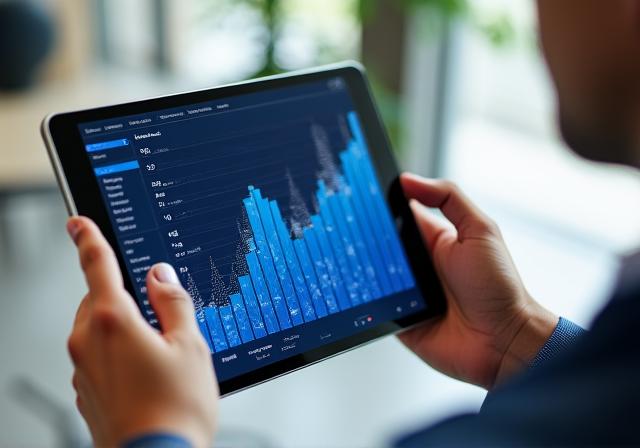 Business professional reviewing sales performance on high-tech tablet